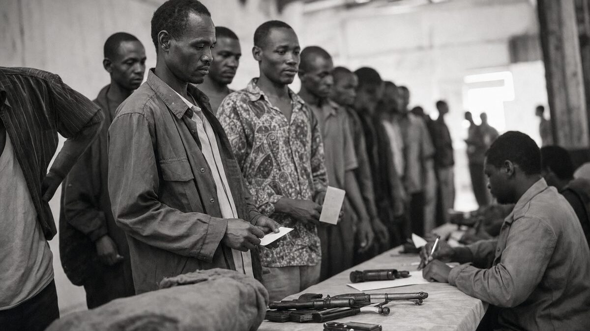 Demobilisation reception centre, former combatants in civilian clothes queuing with registration cards (AI-generated image)