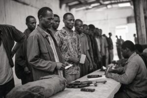 Demobilisation reception centre, former combatants in civilian clothes queuing with registration cards (AI-generated image)