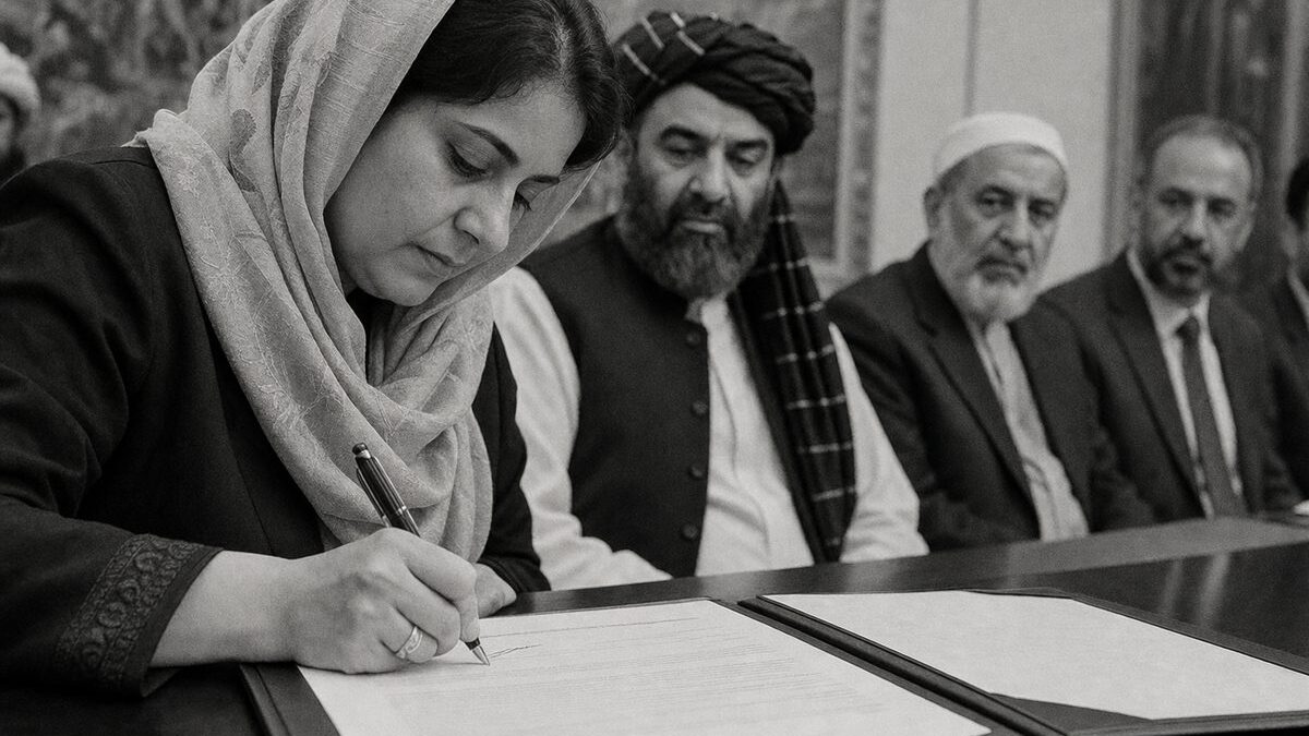 A woman signing a document at a peace-process table while male delegates look on (AI-generated image)