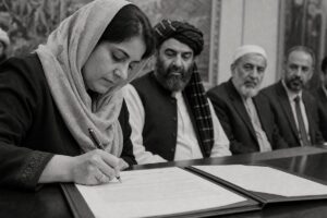 A woman signing a document at a peace-process table while male delegates look on (AI-generated image)