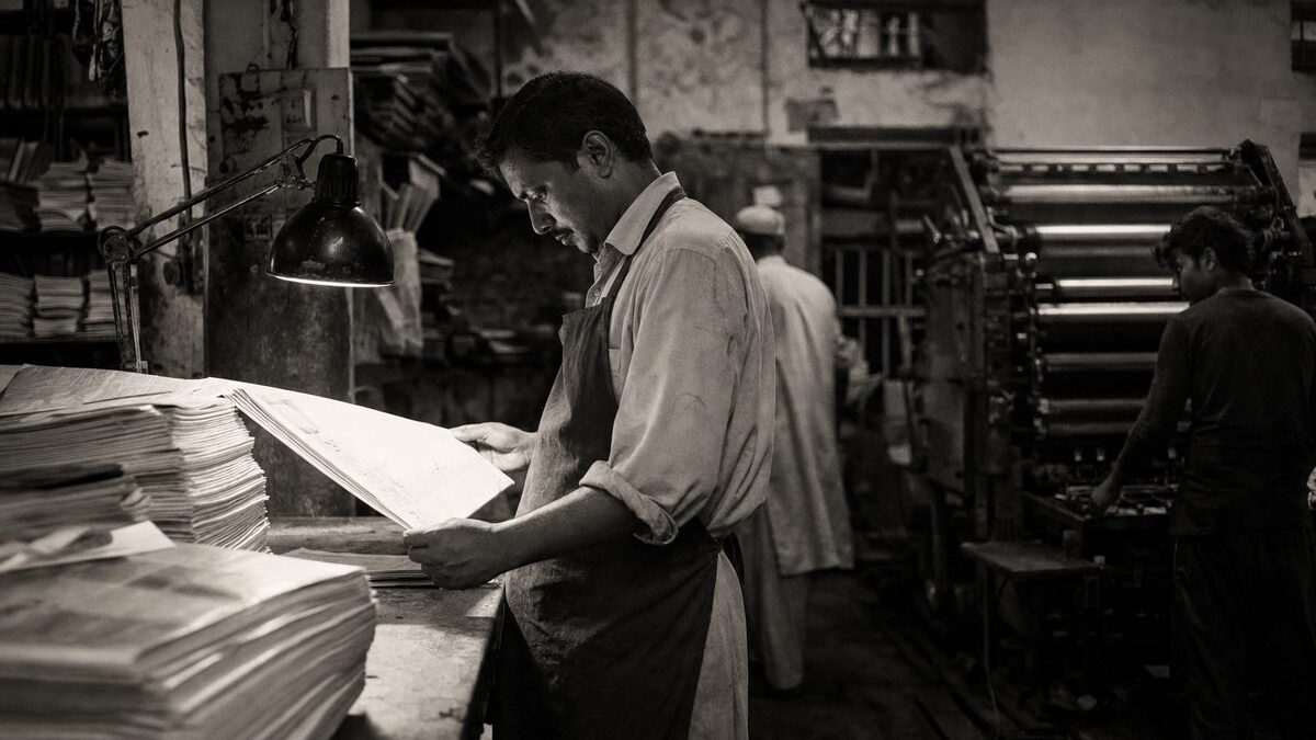 Newspaper printing press room in Pakistan, a pressman checking a freshly printed page under a work lamp (AI-generated image)