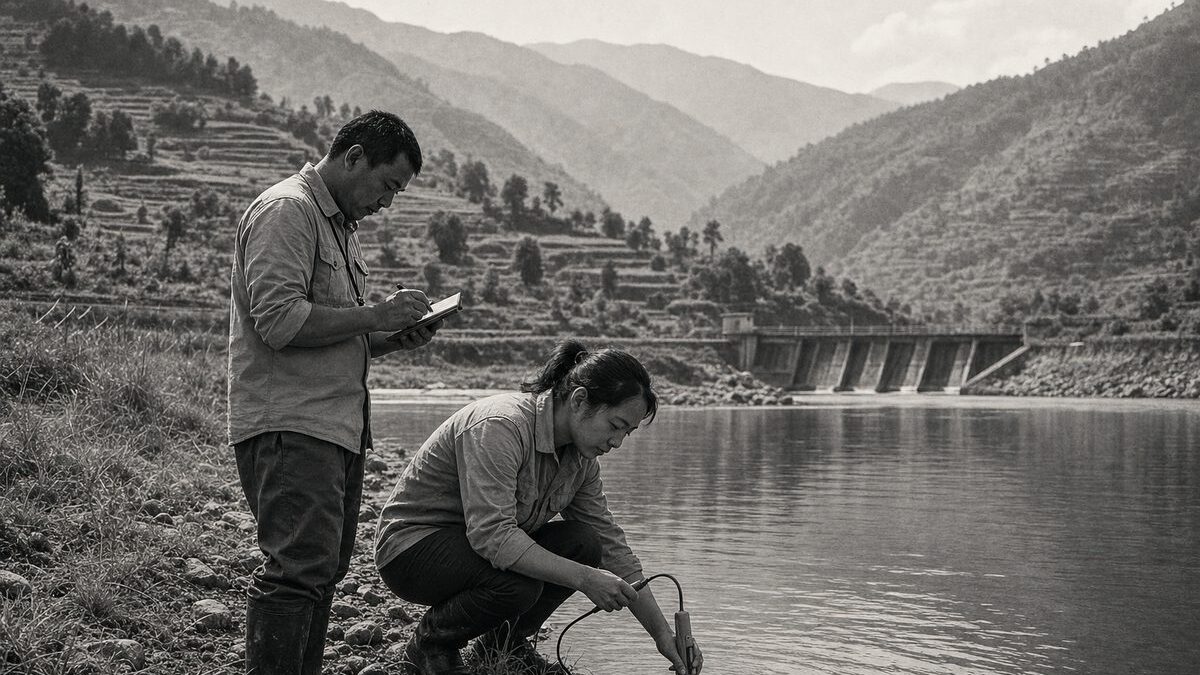 Shared river basin seen from a ridge, terraced farmland and a small dam, two technicians measuring the water (AI-generated image)