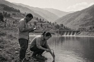 Shared river basin seen from a ridge, terraced farmland and a small dam, two technicians measuring the water (AI-generated image)