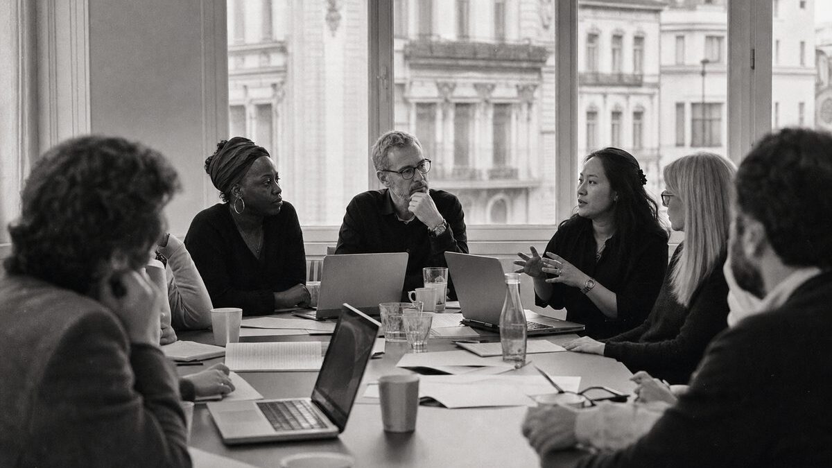 NGO roundtable in a Central European meeting room, a diverse group around a table with laptops and agendas (AI-generated image)