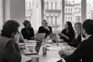 NGO roundtable in a Central European meeting room, a diverse group around a table with laptops and agendas (AI-generated image)