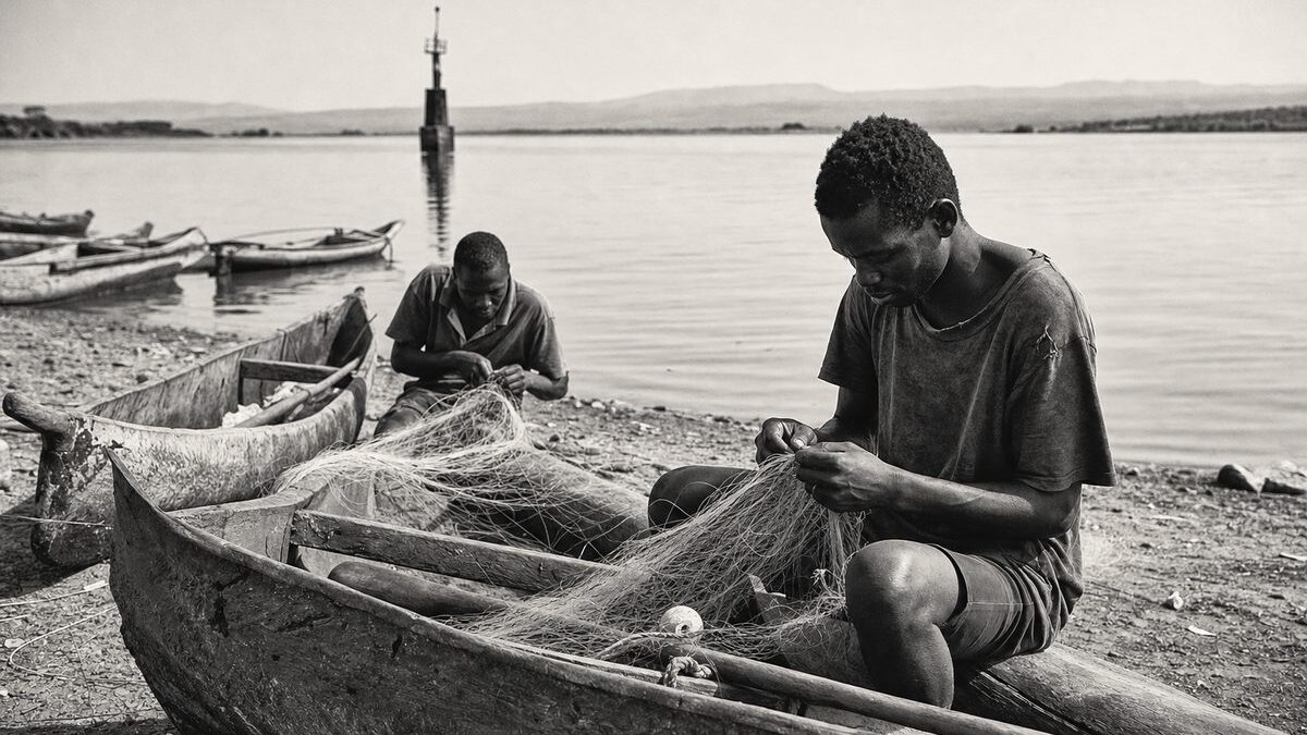 Fishermen mending nets beside wooden canoes on the shore of Lake Albert, an oil-survey marker in the distance (AI-generated image)
