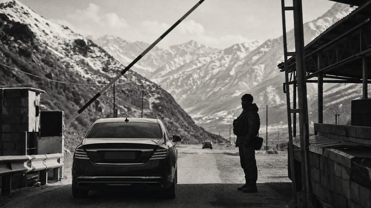 Mountain road checkpoint in the South Caucasus with a raised barrier, a waiting sedan and a lone soldier (AI-generated image)