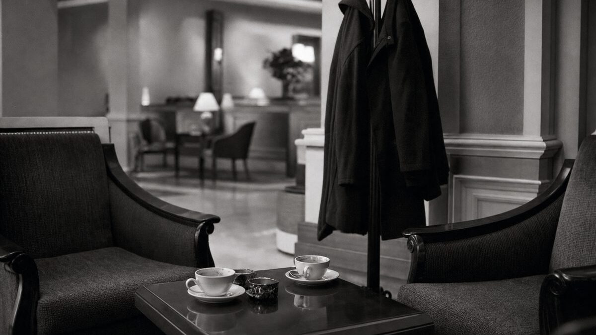 Quiet hotel lounge used for back-channel talks, two coats on a rack and two coffee cups between armchairs (AI-generated image)
