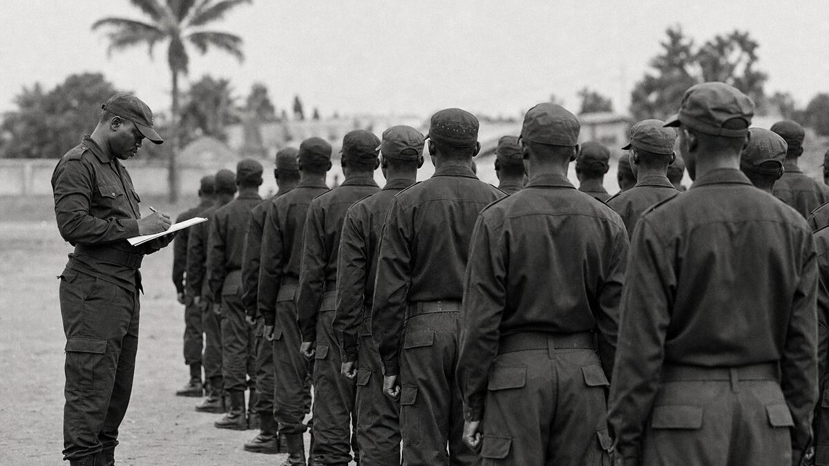 Police recruits in formation on a dusty parade ground in the DRC, an instructor with a clipboard (AI-generated image)