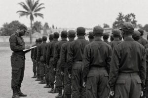 Police recruits in formation on a dusty parade ground in the DRC, an instructor with a clipboard (AI-generated image)