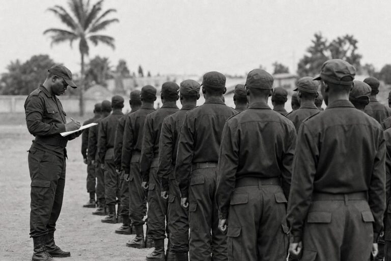 Police recruits in formation on a dusty parade ground in the DRC, an instructor with a clipboard (AI-generated image)