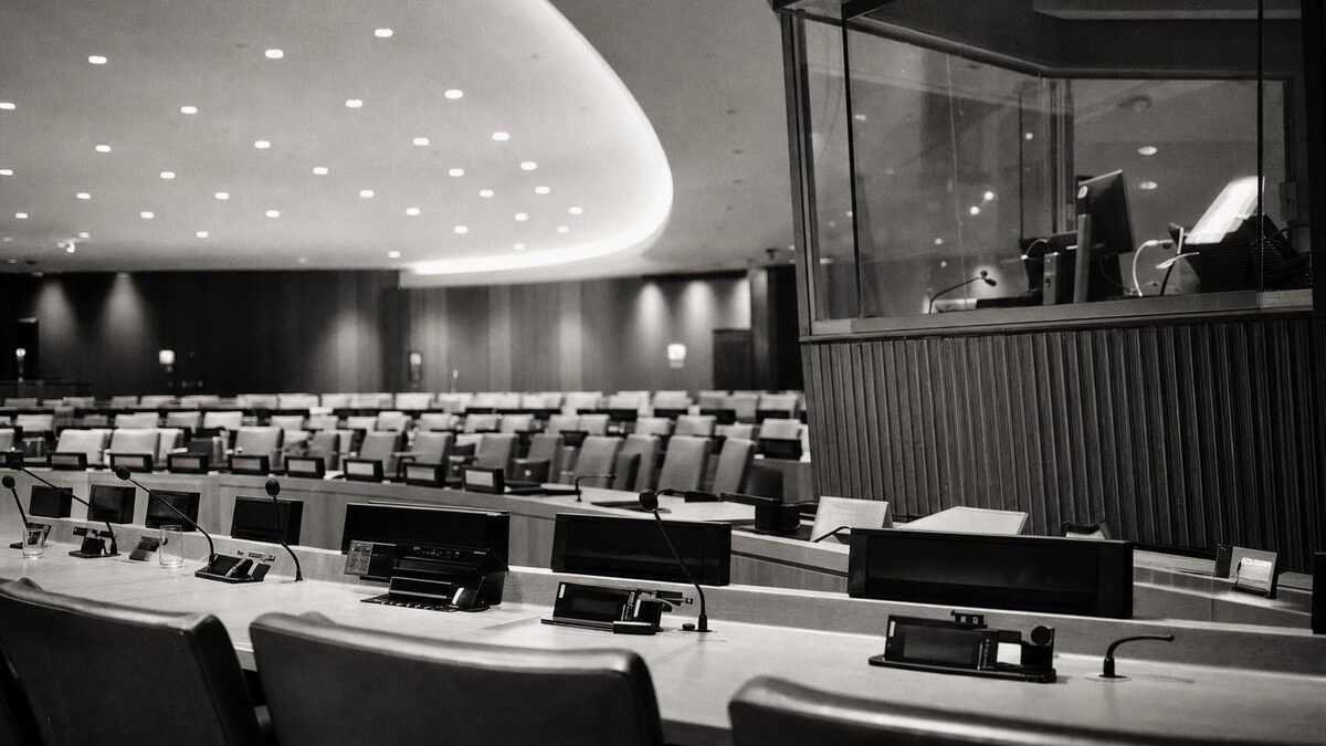 Large multilateral conference chamber before a session, curved desks with country nameplates and microphones (AI-generated image)