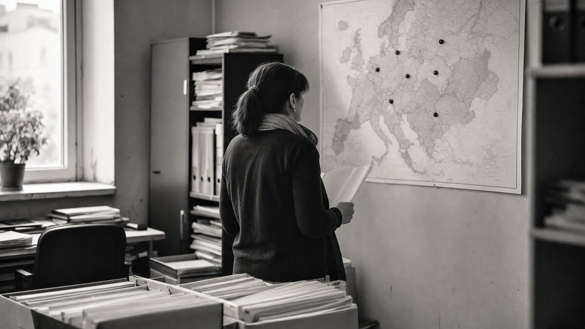 Government aid office with boxes of project files and a coordinator reviewing a map of partner countries (AI-generated image)