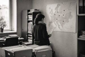Government aid office with boxes of project files and a coordinator reviewing a map of partner countries (AI-generated image)
