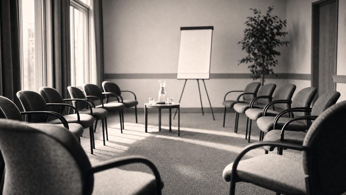Neutral meeting room set for talks, two arcs of chairs facing each other, a flip chart and water carafe (AI-generated image)