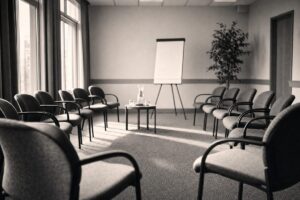 Neutral meeting room set for talks, two arcs of chairs facing each other, a flip chart and water carafe (AI-generated image)