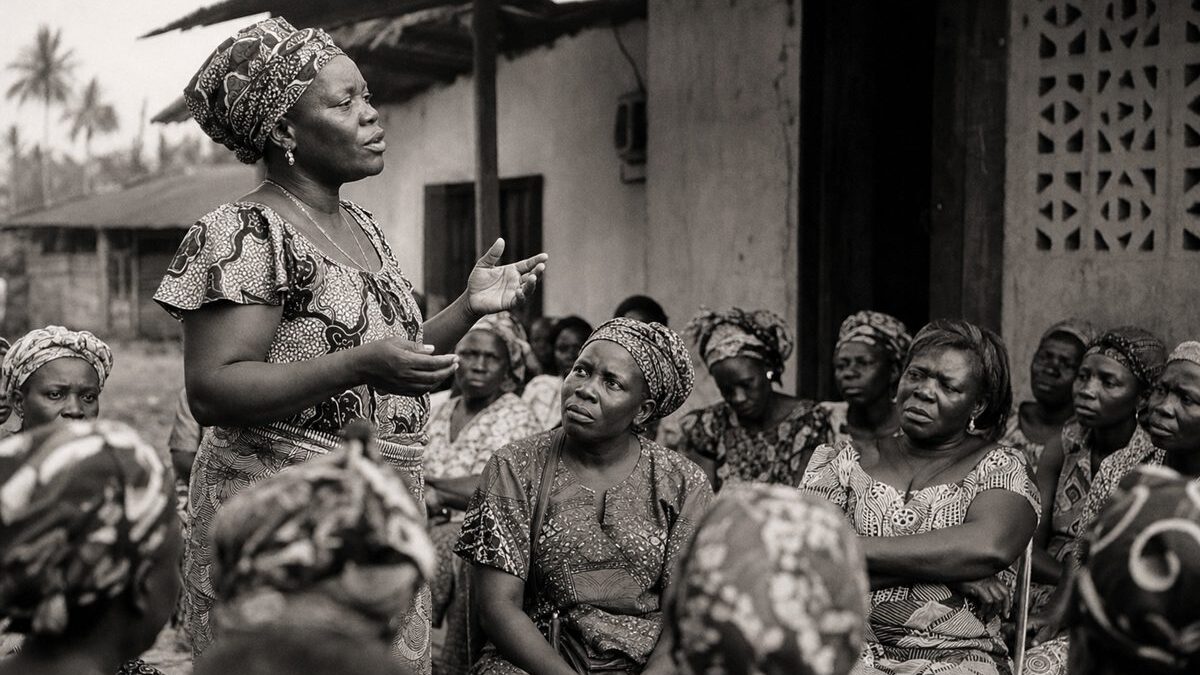 Women in patterned cloth gathered outside a community hall in Liberia, one standing to speak (AI-generated image)
