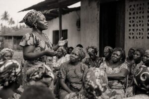 Women in patterned cloth gathered outside a community hall in Liberia, one standing to speak (AI-generated image)