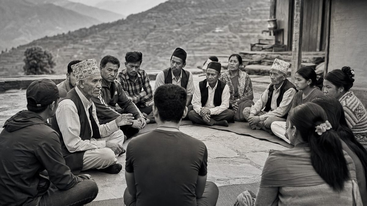 Local peace committee seated on mats in a Nepali hill village courtyard, terraced foothills behind (AI-generated image)