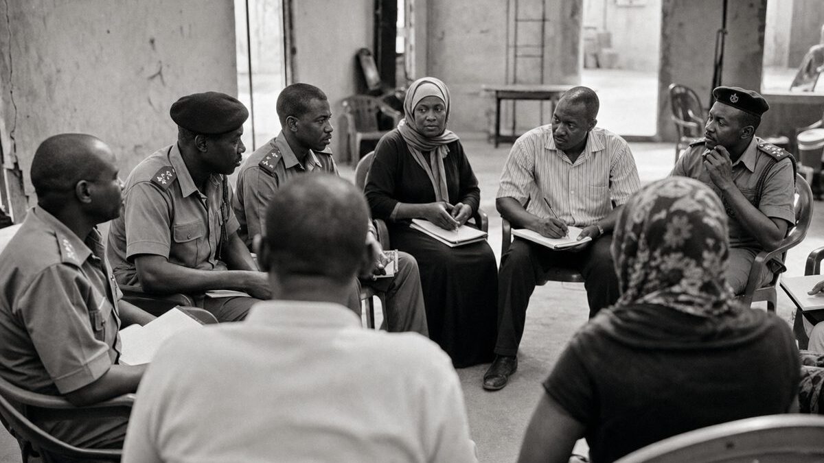 Community policing meeting in a town hall, local officers and civilians seated in a circle with notebooks (AI-generated image)