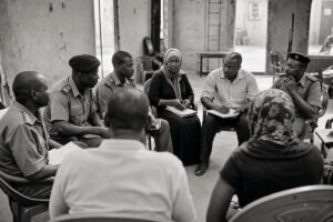 Community policing meeting in a town hall, local officers and civilians seated in a circle with notebooks (AI-generated image)