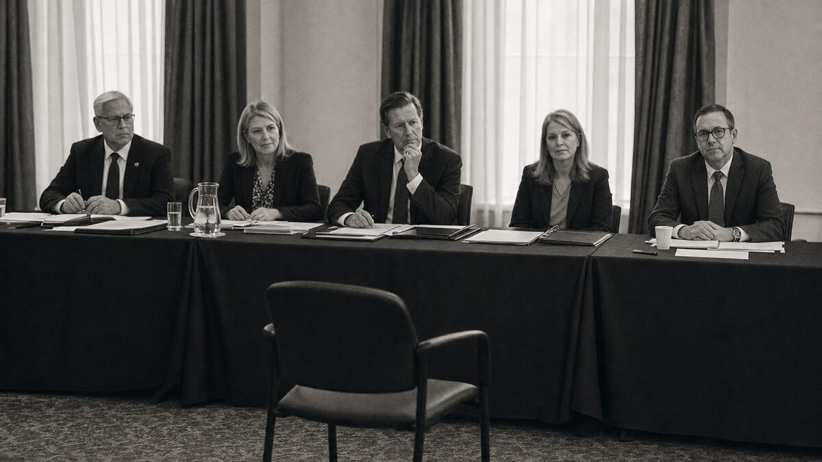 Vetting board hearing room with a long table of document folders and an empty witness chair (AI-generated image)