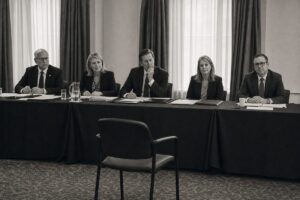 Vetting board hearing room with a long table of document folders and an empty witness chair (AI-generated image)