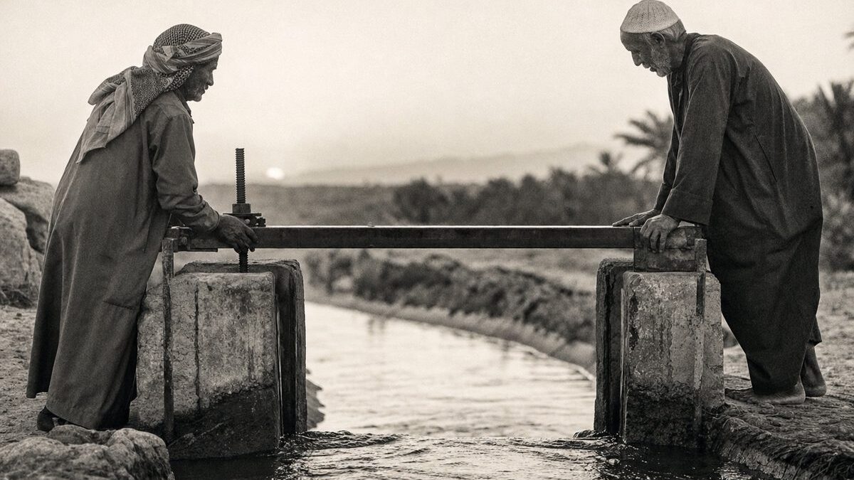 Two farmers inspecting an old irrigation sluice gate on a narrow river between arid banks at dawn (AI-generated image)