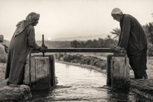 Two farmers inspecting an old irrigation sluice gate on a narrow river between arid banks at dawn (AI-generated image)