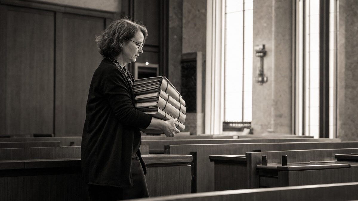 Near-empty courtroom gallery in a European justice building, an archivist carrying bound case files (AI-generated image)