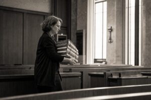 Near-empty courtroom gallery in a European justice building, an archivist carrying bound case files (AI-generated image)