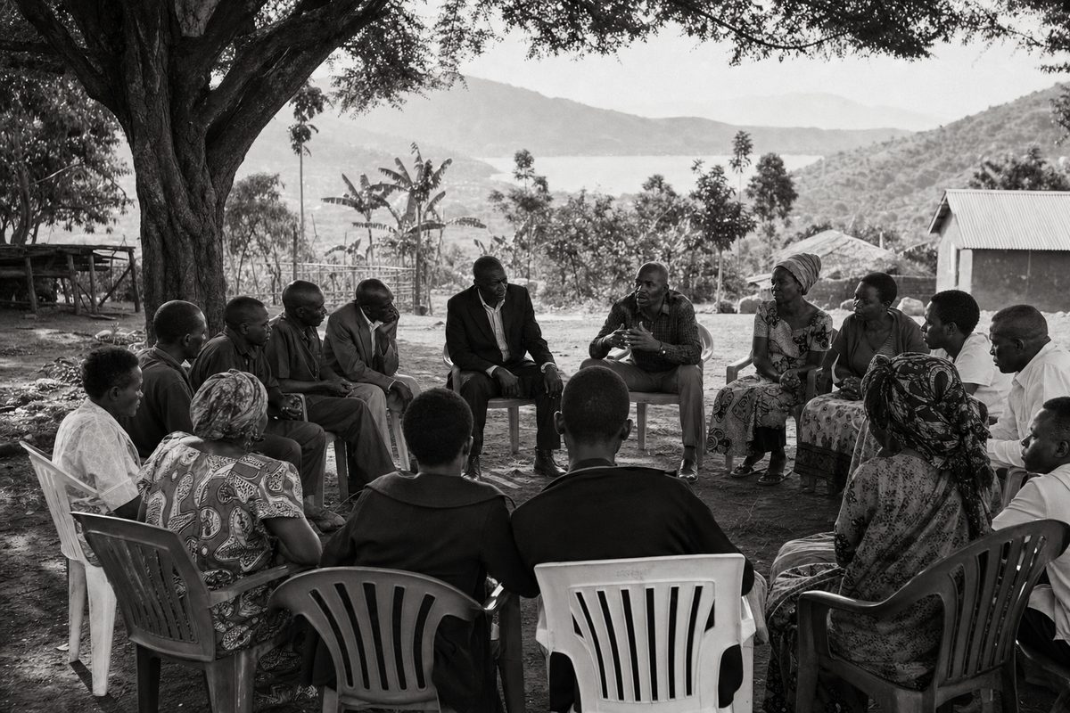 Community reconciliation meeting in the Great Lakes region (AI-generated image)