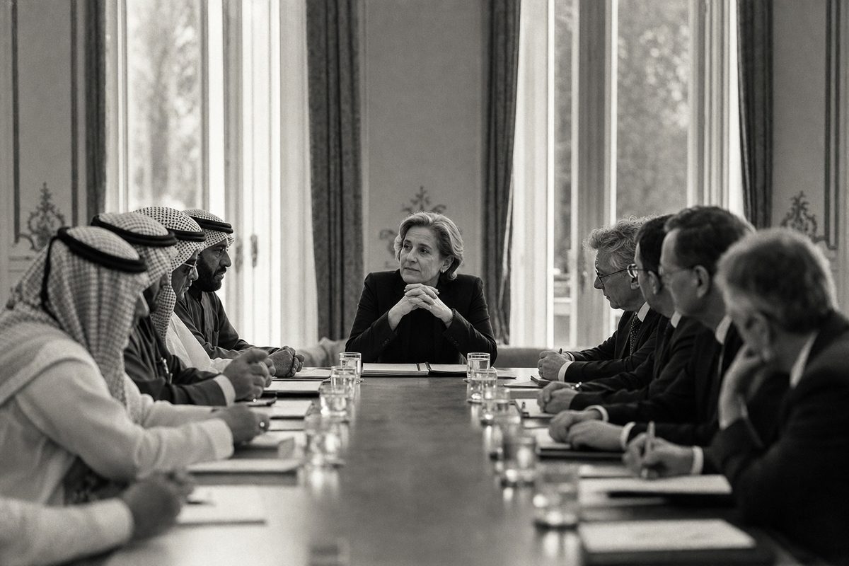 A mediator listening between two delegations at a negotiation table (AI-generated image)