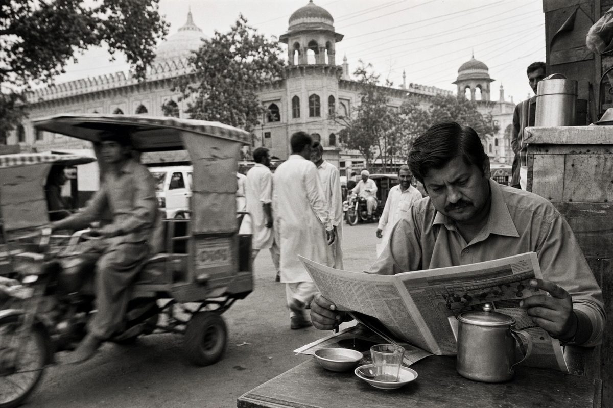 Street scene in Lahore with a man reading a newspaper at a tea stall (AI-generated image)
